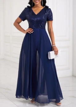Sequin Long V Neck Short Sleeve Navy Jumpsuit -Rosewe Promotion Store 339805 P 1695002795024