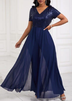 Sequin Long V Neck Short Sleeve Navy Jumpsuit -Rosewe Promotion Store 339805 P 1695002795697