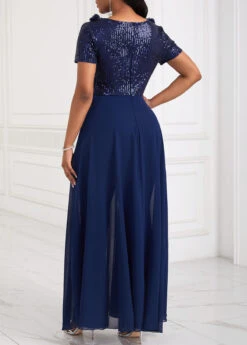 Sequin Long V Neck Short Sleeve Navy Jumpsuit -Rosewe Promotion Store 339805 P 1695002795749