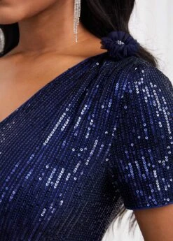 Sequin Long V Neck Short Sleeve Navy Jumpsuit -Rosewe Promotion Store 339805 P 1695002796475