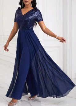 Sequin Long V Neck Short Sleeve Navy Jumpsuit -Rosewe Promotion Store 339805 P 1695002796635