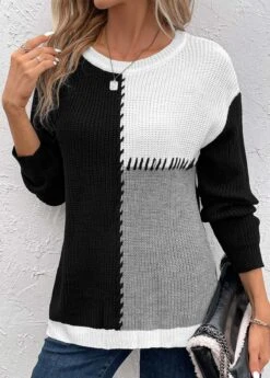 Geometric Print Patchwork Black Round Neck Sweater -Rosewe Promotion Store 339873 P 16932193631333