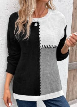 Geometric Print Patchwork Black Round Neck Sweater -Rosewe Promotion Store 339873 P 16932193632364