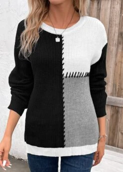 Geometric Print Patchwork Black Round Neck Sweater -Rosewe Promotion Store 339873 P 16932193632522