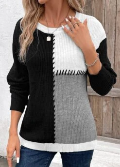 Geometric Print Patchwork Black Round Neck Sweater