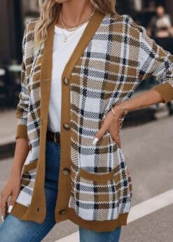 Plaid Pocket Dark Camel V Neck Cardigan -Rosewe Promotion Store 339879 P 16927993722344