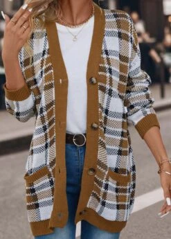 Plaid Pocket Dark Camel V Neck Cardigan -Rosewe Promotion Store 339879 P 16927993724213