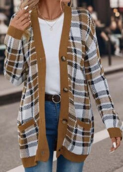 Plaid Pocket Dark Camel V Neck Cardigan -Rosewe Promotion Store 339879 P 16927993728165