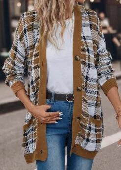 Plaid Pocket Dark Camel V Neck Cardigan