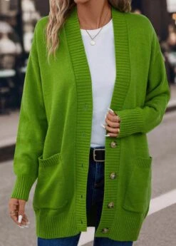Long Sleeve Pocket Grass Green V Neck Cardigan -Rosewe Promotion Store 339880 P 16927993492735