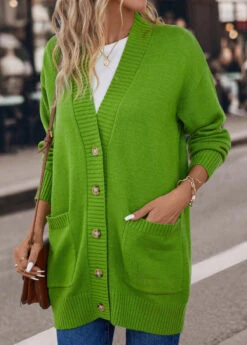 Long Sleeve Pocket Grass Green V Neck Cardigan -Rosewe Promotion Store 339880 P 16927993496902