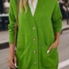 Long Sleeve Pocket Grass Green V Neck Cardigan -Rosewe Promotion Store 339880 P 16927993497960