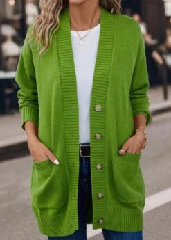 Long Sleeve Pocket Grass Green V Neck Cardigan -Rosewe Promotion Store 339880 P 16927993499533