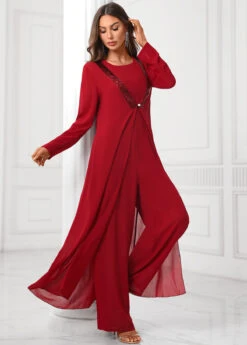 Deep Red Round Neck Sequin Jumpsuit And Cardigan
