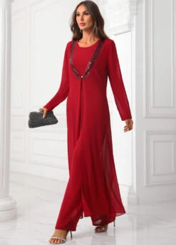 Deep Red Round Neck Sequin Jumpsuit And Cardigan -Rosewe Promotion Store 339892 P 16914902632354