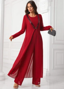 Deep Red Round Neck Sequin Jumpsuit And Cardigan -Rosewe Promotion Store 339892 P 16914902632983