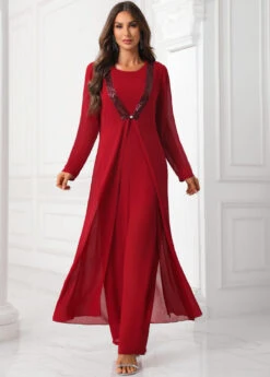 Deep Red Round Neck Sequin Jumpsuit And Cardigan -Rosewe Promotion Store 339892 P 16914902639372