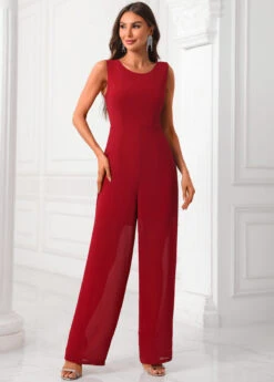 Deep Red Round Neck Sequin Jumpsuit And Cardigan -Rosewe Promotion Store 339892 P 16914902639545