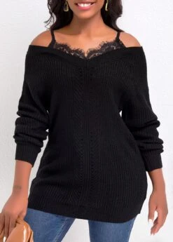 Long Sleeve Patchwork Black Off Shoulder Sweater