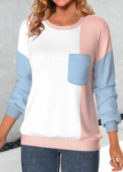 Patchwork Round Neck Long Sleeve Dusty Pink Sweatshirt -Rosewe Promotion Store 339930 P 1692693766323