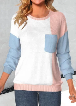 Patchwork Round Neck Long Sleeve Dusty Pink Sweatshirt