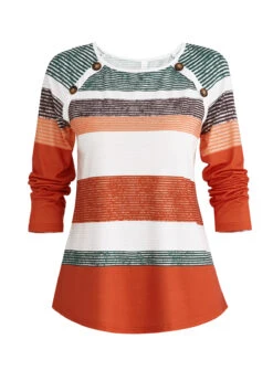 Multi Stripe Print Button Orange T Shirt -Rosewe Promotion Store 339943 P 1694080767733