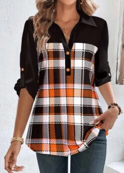 Plaid Patchwork Multi Color Shirt Collar Blouse