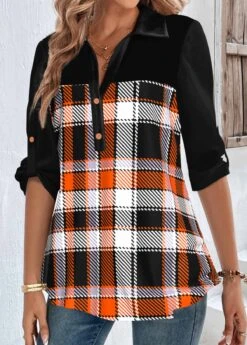 Plaid Patchwork Multi Color Shirt Collar Blouse -Rosewe Promotion Store 339953 P 1691399448599