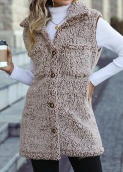 Sleeveless Pocket Light Camel Turn Down Collar Waistcoat -Rosewe Promotion Store 339974 P 1692758986092