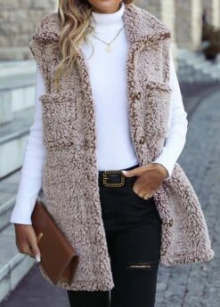 Sleeveless Pocket Light Camel Turn Down Collar Waistcoat