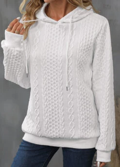 Drawstring Detail Long Sleeve White Hoodie -Rosewe Promotion Store 339984 P 16932192689673