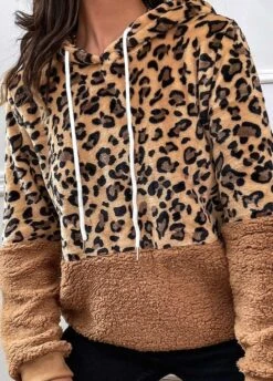 Leopard Patchwork Dark Camel Long Sleeve Hoodie -Rosewe Promotion Store 340113 P 1692756267194