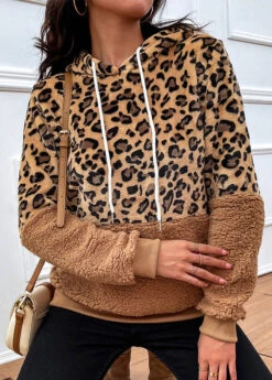 Leopard Patchwork Dark Camel Long Sleeve Hoodie