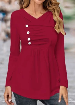 Asymmetry Turn Down Collar Wine Red T Shirt -Rosewe Promotion Store 340170 P 1691567137511