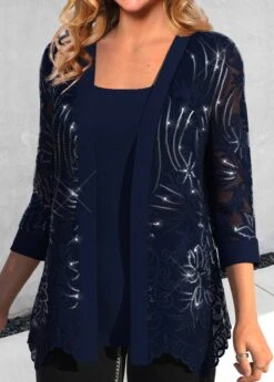 Navy Round Neck Lace Tank Top And Cardigan -Rosewe Promotion Store 340209 P 1692253512636