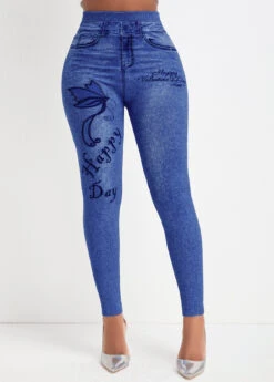 Butterfly Print Denim Blue Elastic Waist Leggings -Rosewe Promotion Store 340283 P 16926121314424