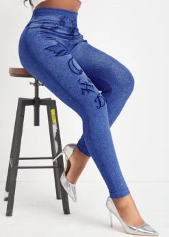 Butterfly Print Denim Blue Elastic Waist Leggings -Rosewe Promotion Store 340283 P 16926121314455