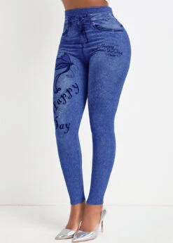 Butterfly Print Denim Blue Elastic Waist Leggings -Rosewe Promotion Store 340283 P 16926121315133