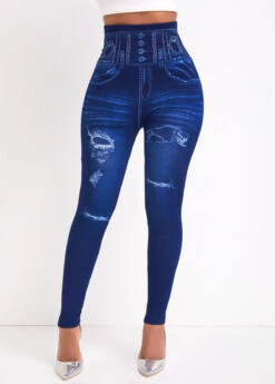 Denim-effect Print Denim Blue Elastic Waist Leggings -Rosewe Promotion Store 340287 P 16926121211443