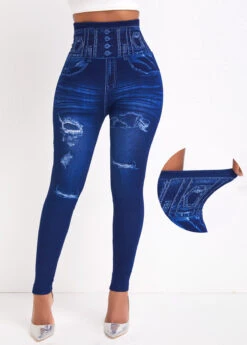Denim-effect Print Denim Blue Elastic Waist Leggings