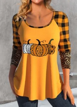 Plus Size Orange Patchwork Halloween Print T Shirt -Rosewe Promotion Store 340293 P 1694138461131