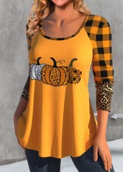 Plus Size Orange Patchwork Halloween Print T Shirt -Rosewe Promotion Store 340293 P 1694138462311