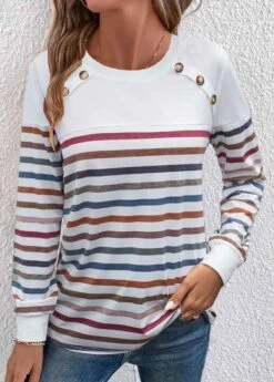Striped Patchwork White Round Neck T Shirt -Rosewe Promotion Store 340386 P 1692081318301