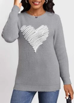 Long Sleeve Patchwork Grey Round Neck Sweater