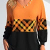 Plaid Patchwork Orange V Neck Long Sleeve Sweatshirt -Rosewe Promotion Store 340397 P 1692004664779