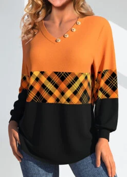 Plaid Patchwork Orange V Neck Long Sleeve Sweatshirt -Rosewe Promotion Store 340397 P 1692004665517