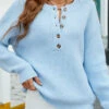 Long Sleeve Button Light Blue Split Neck Sweater