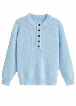 Long Sleeve Button Light Blue Split Neck Sweater -Rosewe Promotion Store 340421 P 1694678495712