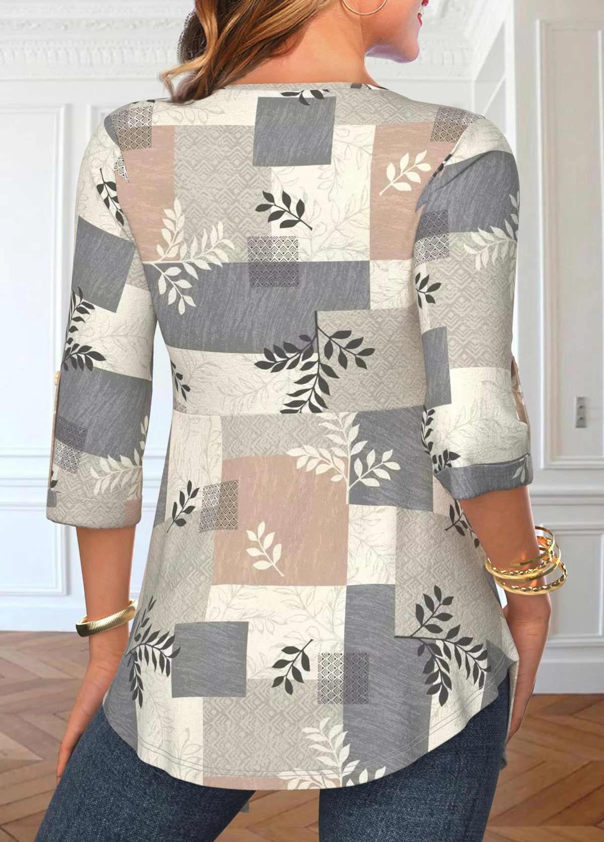 Geometric Print Fake 2in1 Light Grey Blouse 4 Geometric Print Fake 2in1 Light Grey Blouse - Image 2