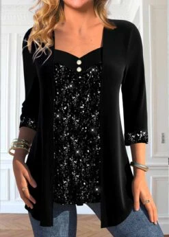 Velvet Sequin 3/4 Sleeve Black Heart Collar T Shirt